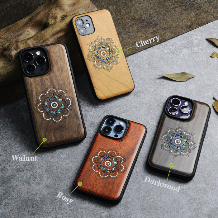 Mystic Floral Harmony, Hand-Inlaid Wood & Mother of Pearl Case - Artisanal Cover for Apple iPhone