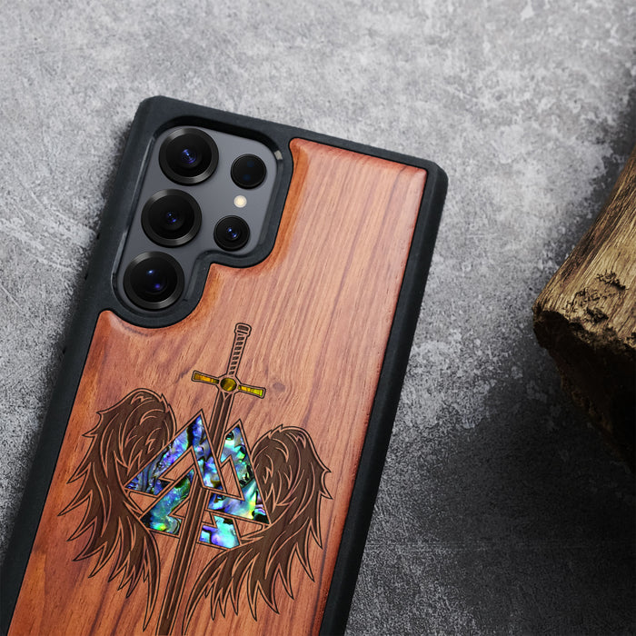 Wings of Valor Essence  , Hand-Inlaid Wood & Mother of Pearl Case - Artisanal Cover for Samsung Galaxy