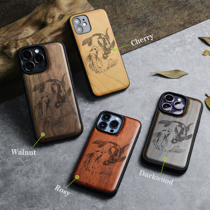 Yin-Yang Koi, Classic Engraved Wood & TPU Case - Artisanal Cover for Apple iPhone