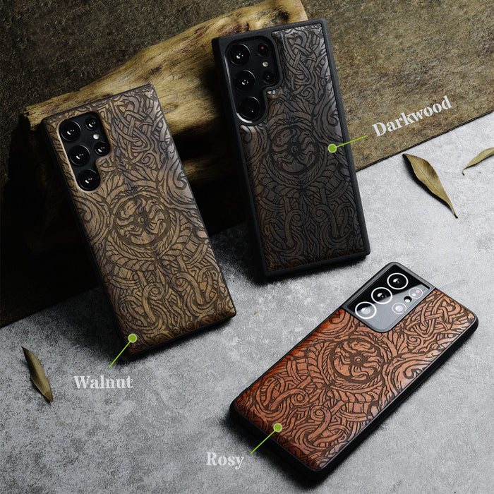 Futhark Letters, Classic Engraved Wood & TPU Case - Artisanal Cover for Samsung Galaxy