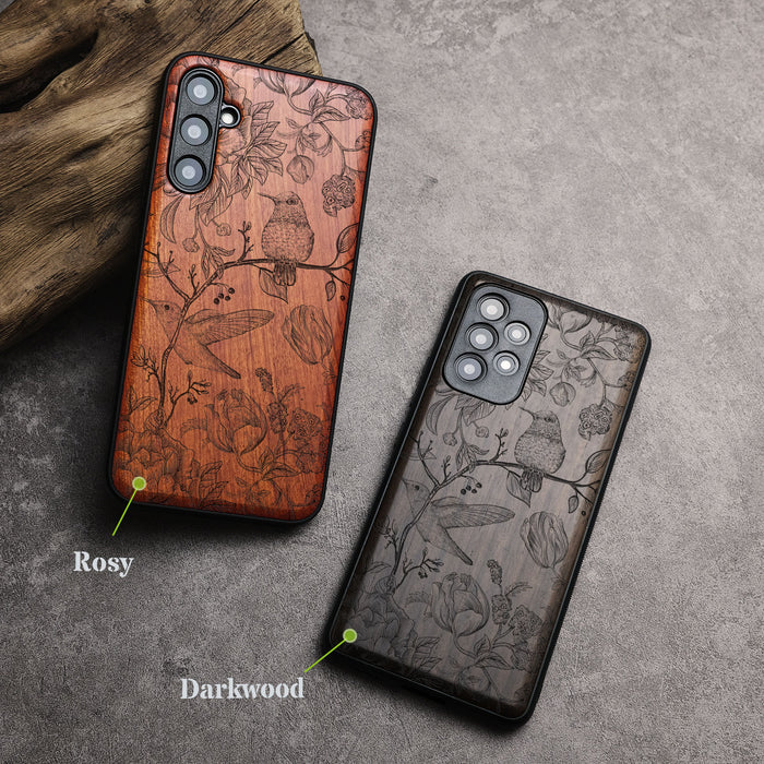 A Dance of Flora and Avian, Classic Engraved Wood & TPU Case - Artisanal Cover for Samsung Galaxy