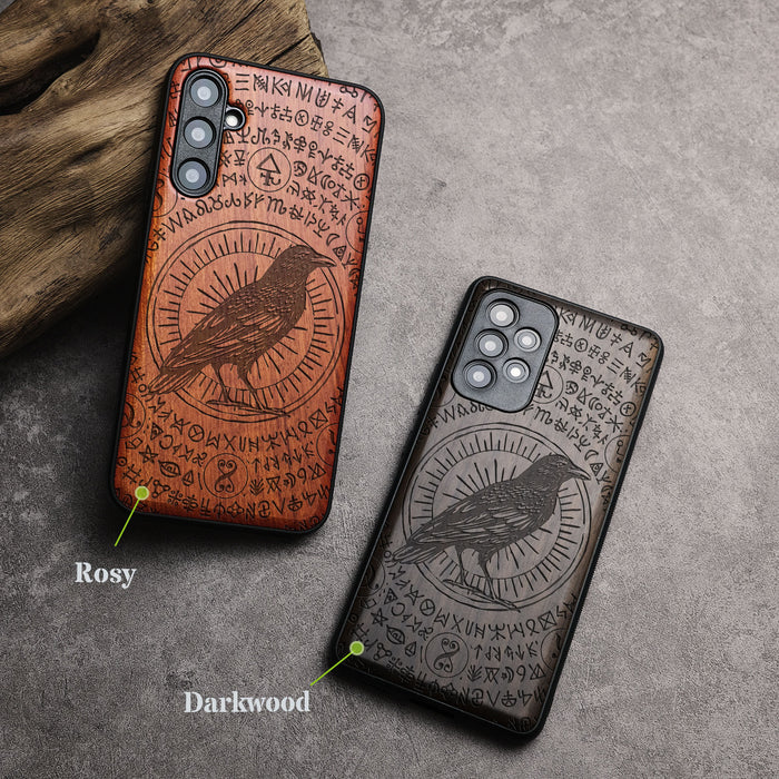 The Haloed Crow, Classic Engraved Wood & TPU Case - Artisanal Cover for Samsung Galaxy