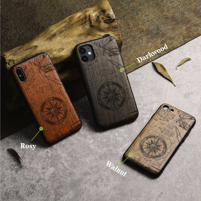 The Compass Amidst Pirates' Legacy, Classic Engraved Wood & TPU Case - Artisanal Cover for Apple iPhone