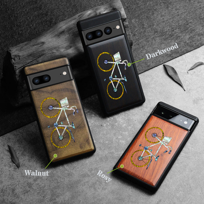 Classic Bicycle Silhouette, Hand-Inlaid Wood & Mother of Pearl Case - Artisanal Cover for Google Pixel