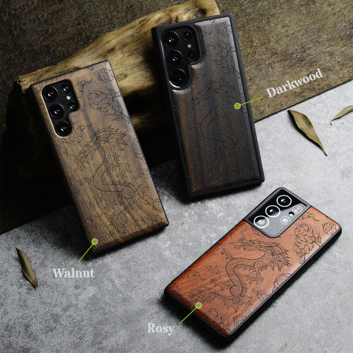 The Dragon's Ascent, Classic Engraved Wood & TPU Case - Artisanal Cover for Samsung Galaxy