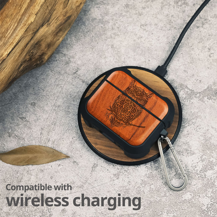 An Owl Perched on a Branch - Wood Artisan Engraved & Shell Hand-Inlaid Cover - Artisanal Case for Apple AirPods (Titanium Quick Released Clasp)