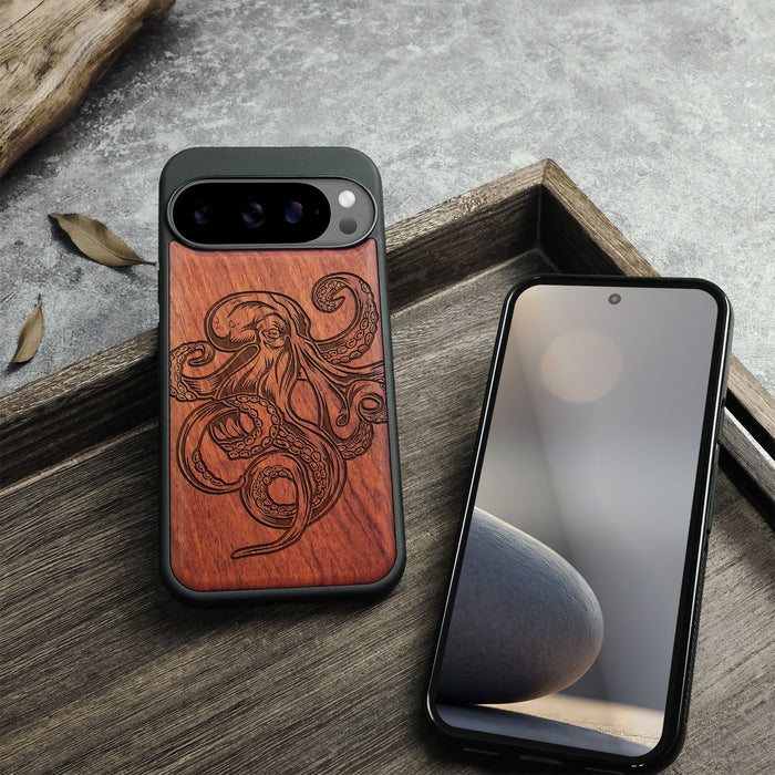 Bodybuilding Octopus Illustration, Classic Engraved Wood & TPU Case - Artisanal Cover for Google Pixel