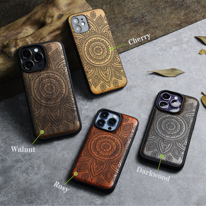 The Indian Floral Mandala, Classic Engraved Wood & TPU Case - Artisanal Cover for Apple iPhone