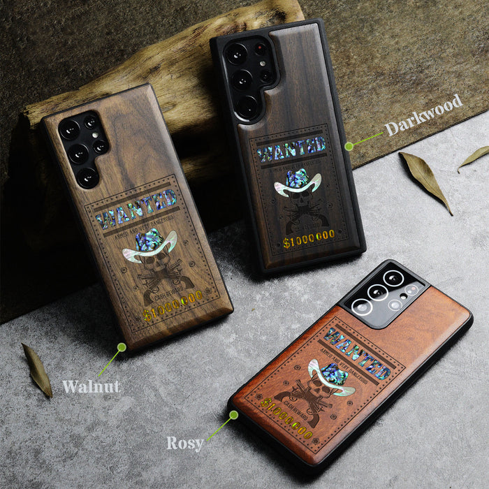 Outlaw Skull Wanted, Hand-Inlaid Wood & Mother of Pearl Case - Artisanal Cover for Samsung Galaxy