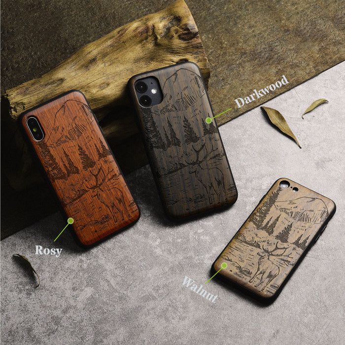 An Enthralling Natural Landscape Illustration, Classic Engraved Wood & TPU Case - Artisanal Cover for Apple iPhone