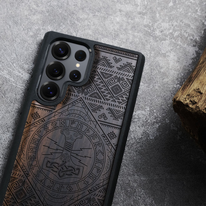 Mjollnir, Classic Engraved Wood & TPU Case - Artisanal Cover for Samsung Galaxy
