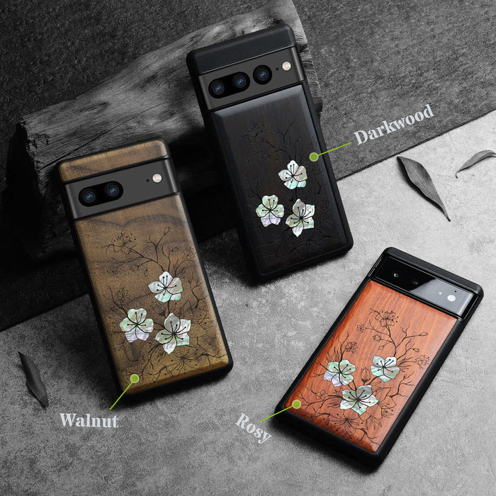 Whispering Sakura Blooms, Hand-Inlaid Wood & Mother of Pearl Case - Artisanal Cover for Google Pixel