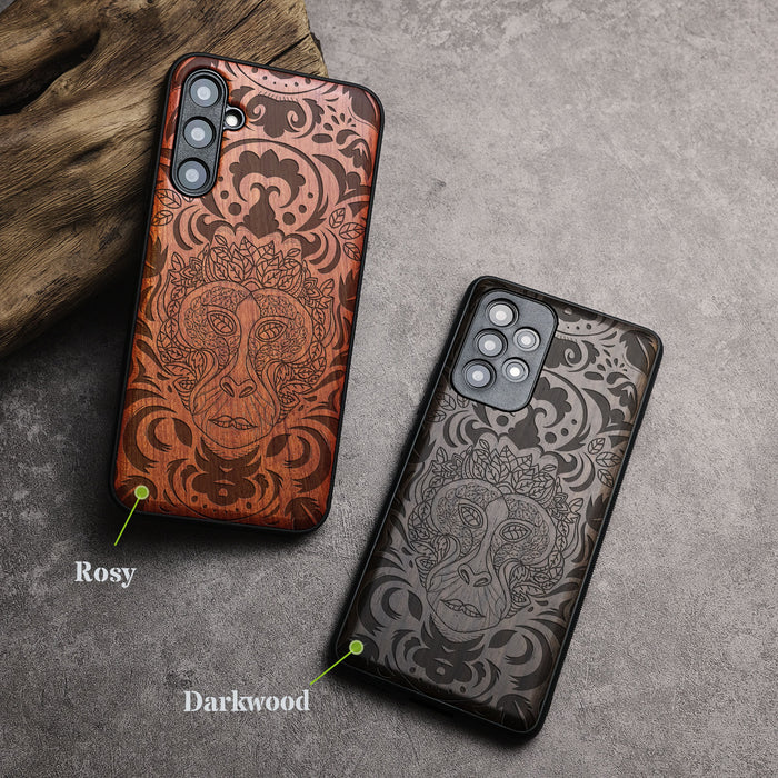 The Leafy Visage, Classic Engraved Wood & TPU Case - Artisanal Cover for Samsung Galaxy