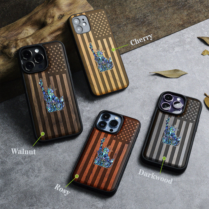 Statue of Liberty and Flag, Hand-Inlaid Wood & Mother of Pearl Case - Artisanal Cover for Apple iPhone