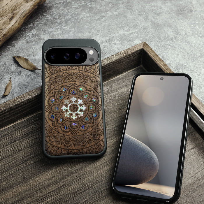 The Indian Mandala, Hand-Inlaid Wood & Mother of Pearl Case - Artisanal Cover for Google Pixel