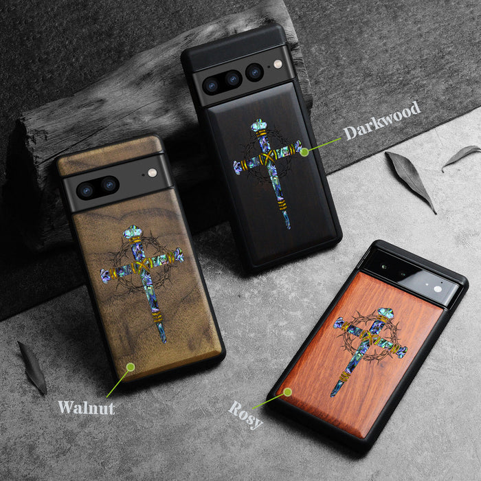 Crucifix Nails, Hand-Inlaid Wood & Mother of Pearl Case - Artisanal Cover for Google Pixel