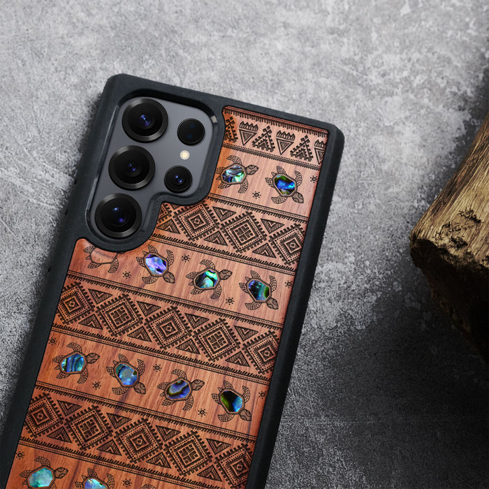 The Aztec Sea Turtle, Hand-Inlaid Wood & Mother of Pearl Case - Artisanal Cover for Samsung Galaxy