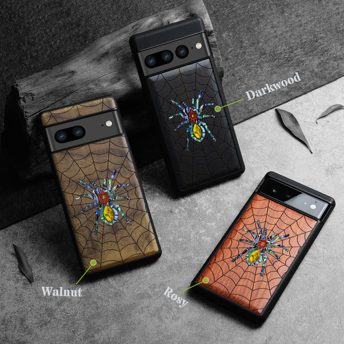 Spider Web, Hand-Inlaid Wood & Mother of Pearl Case - Artisanal Cover for Google Pixel