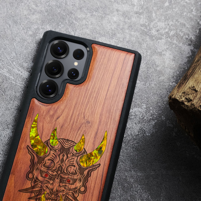 The Art of the Japanese Oni Mask, Hand-Inlaid Wood & Mother of Pearl Case - Artisanal Cover for Samsung Galaxy