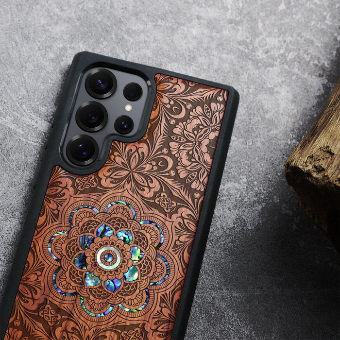 Ethereal Bloom Mandala, Hand-Inlaid Wood & Mother of Pearl Case - Artisanal Cover for Samsung Galaxy