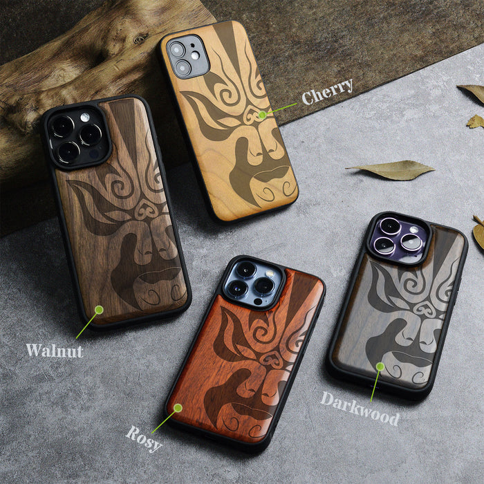 The Chinese Opera Mask, Classic Engraved Wood & TPU Case - Artisanal Cover for Apple iPhone