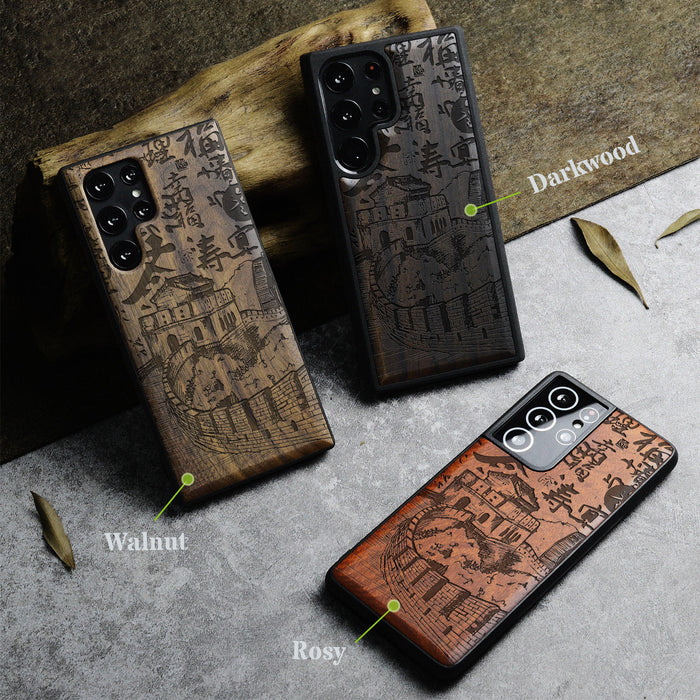 Hand Drawn Great Wall of China, Classic Engraved Wood & TPU Case - Artisanal Cover for Samsung Galaxy