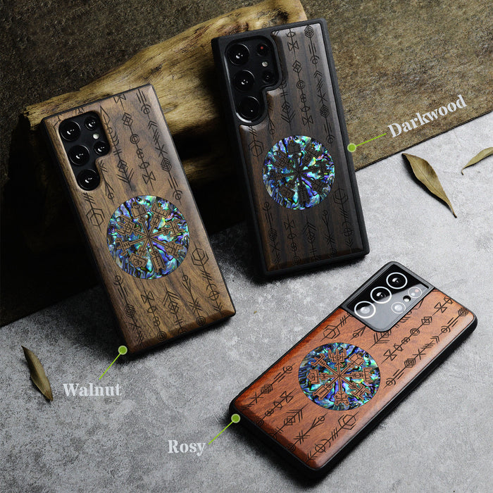 Echoes of Viking Lore, Hand-Inlaid Wood & Mother of Pearl Case - Artisanal Cover for Samsung Galaxy