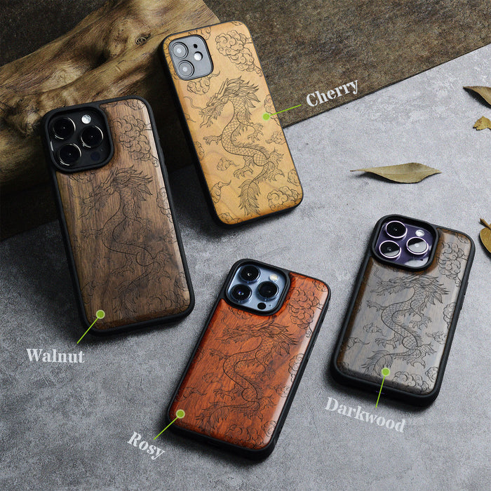 The Dragon's Ascent, Classic Engraved Wood & TPU Case - Artisanal Cover for Apple iPhone