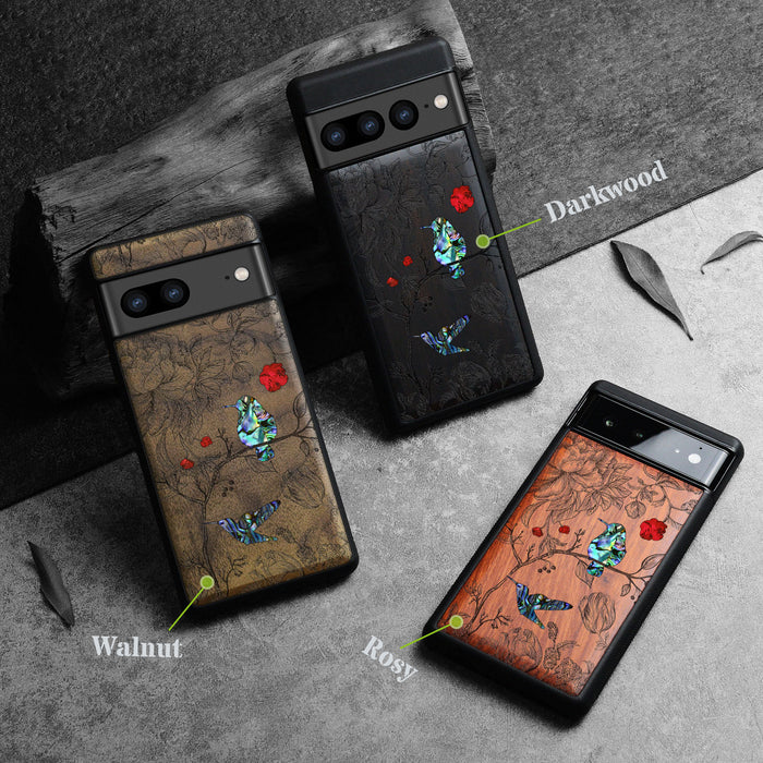 A Dance of Flora and Avian, Hand-Inlaid Wood & Mother of Pearl Case - Artisanal Cover for Google Pixel