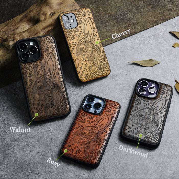 Zentangle Rabbit Amidst Geometry, Classic Engraved Wood & TPU Case - Artisanal Cover for Apple iPhone