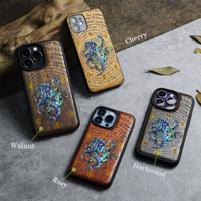Octopus and Octagonal Star Hand-Inlaid Wood & Mother of Pearl Case Apple iPhone Artisanal Case View
