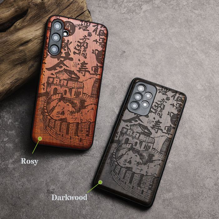 Hand Drawn Great Wall of China, Classic Engraved Wood & TPU Case - Artisanal Cover for Samsung Galaxy