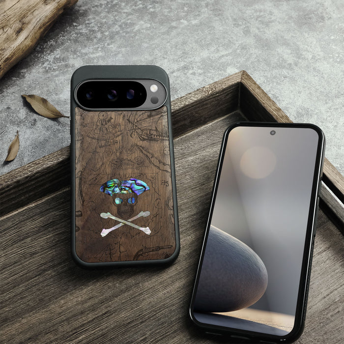 The Pirate's Legacy, Hand-Inlaid Wood & Mother of Pearl Case - Artisanal Cover for Google Pixel