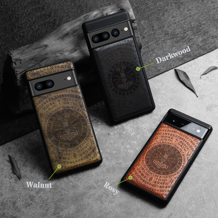 Mjölnir and the Runes, Classic Engraved Wood & TPU Case - Artisanal Cover for Google Pixel