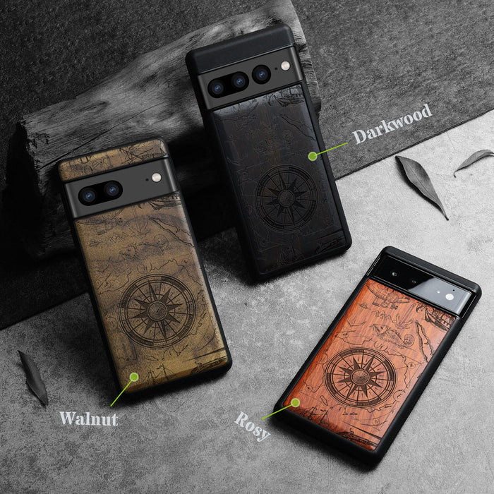 The Compass Amidst Pirates' Legacy, Classic Engraved Wood & TPU Case - Artisanal Cover for Google Pixel