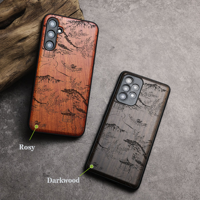 A Captivating Chinese Landscape, Classic Engraved Wood & TPU Case - Artisanal Cover for Samsung Galaxy