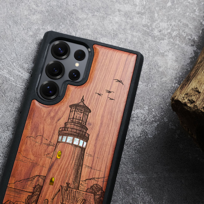 The Lighthouse, Hand-Inlaid Wood & Mother of Pearl Case - Artisanal Cover for Samsung Galaxy