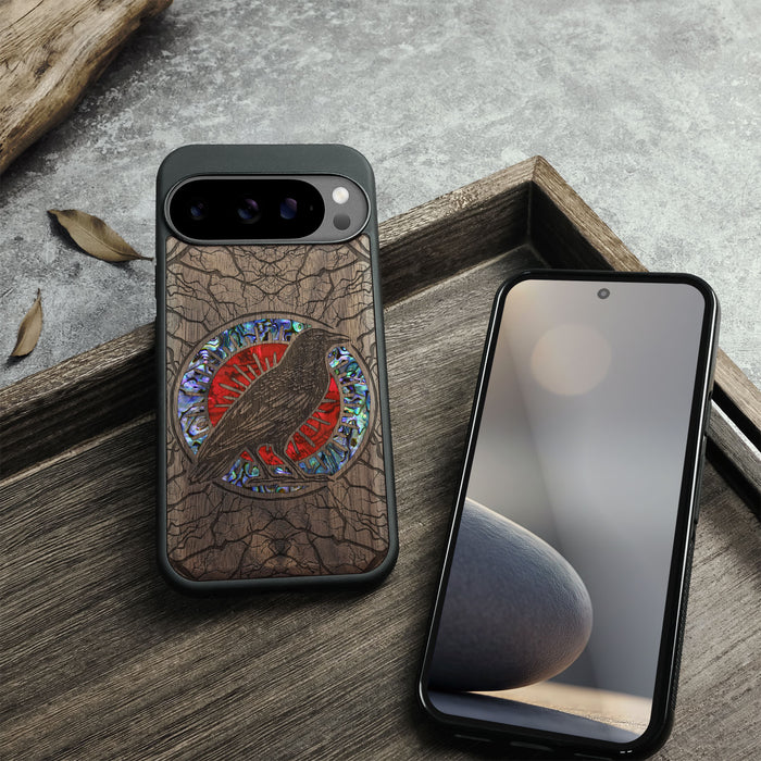 Luminous Crow Amidst Forest Lattice, Hand-Inlaid Wood & Mother of Pearl Case - Artisanal Cover for Google Pixel