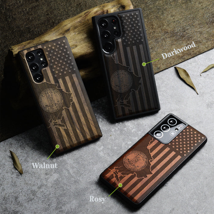 Virginia and Star Flag, Classic Engraved Wood & TPU Case - Artisanal Cover for Samsung Galaxy