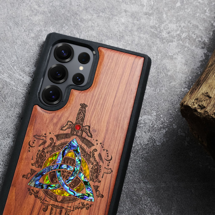 Valor of the Norse, Hand-Inlaid Wood & Mother of Pearl Case - Artisanal Cover for Samsung Galaxy