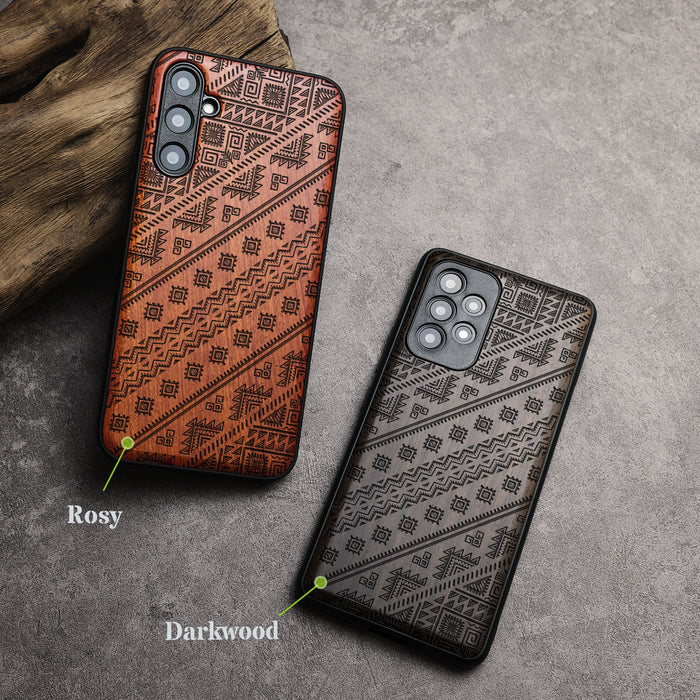 Aztec Geometric Harmony, Classic Engraved Wood & TPU Case - Artisanal Cover for Samsung Galaxy