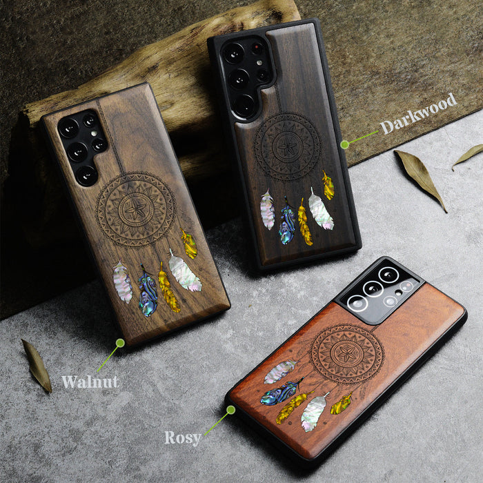 Dreamcatcher's Embrace, Hand-Inlaid Wood & Mother of Pearl Case - Artisanal Cover for Samsung Galaxy