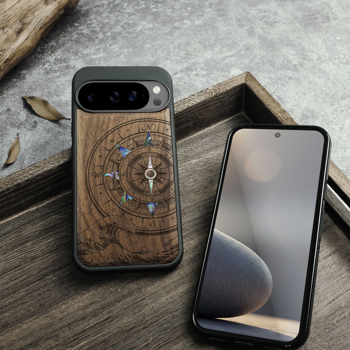 The Compass and the Wave, Hand-Inlaid Wood & Mother of Pearl Case - Artisanal Cover for Google Pixel