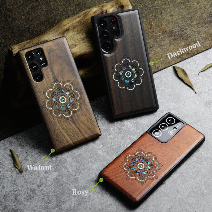 Mystic Floral Harmony, Hand-Inlaid Wood & Mother of Pearl Case - Artisanal Cover for Samsung Galaxy