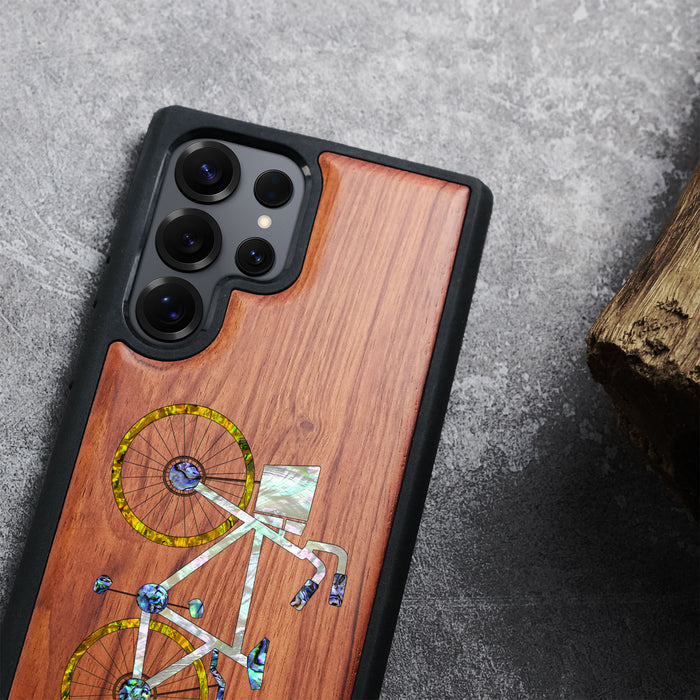 Classic Bicycle Silhouette, Hand-Inlaid Wood & Mother of Pearl Case - Artisanal Cover for Samsung Galaxy