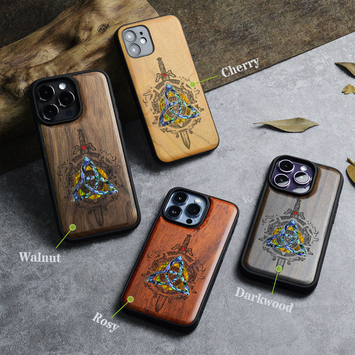 Norse Emblems, Hand-Inlaid Wood & Mother of Pearl Case - Artisanal Cover for Apple iPhone