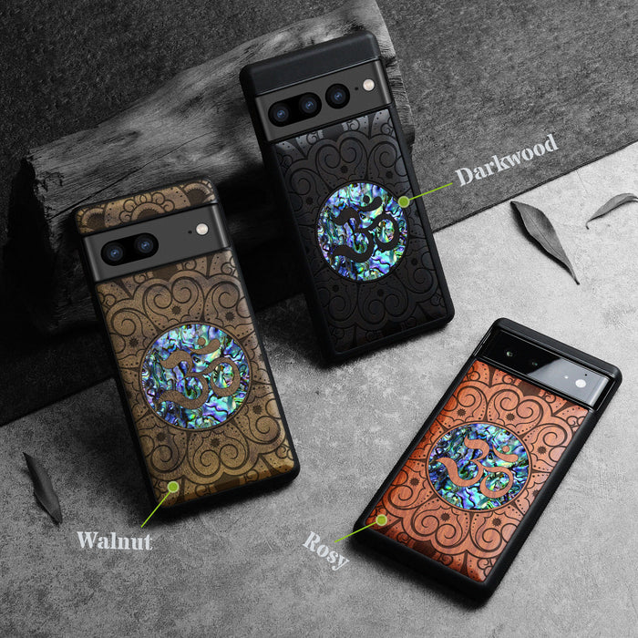 Eternal Om Mandala, Hand-Inlaid Wood & Mother of Pearl Case - Artisanal Cover for Google Pixel