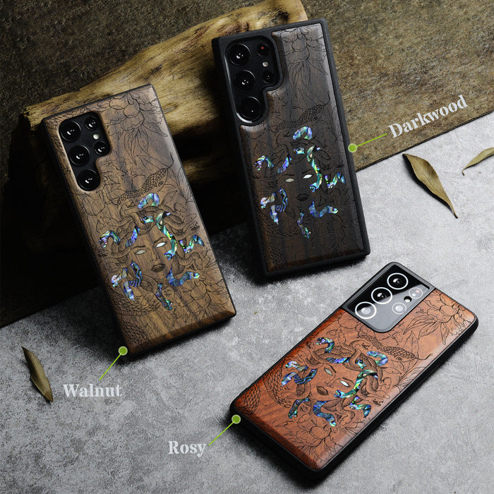 The Medusa Enigma, Hand-Inlaid Wood & Mother of Pearl Case - Artisanal Cover for Samsung Galaxy