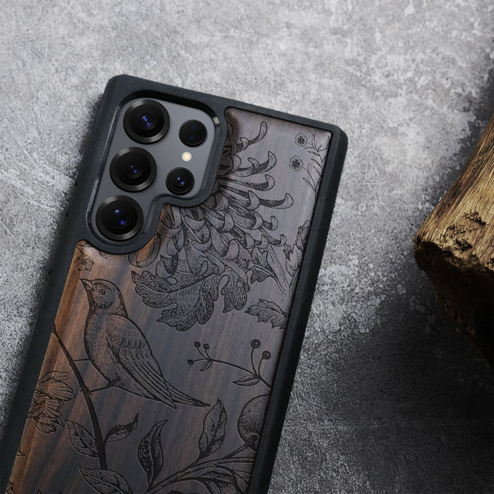 The Chrysanthemum and the Songbird Classic Engraved Wood & TPU Case Samsung Galaxy Artisanal Case View