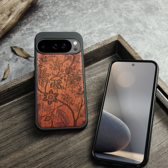 Vintage Fantasy Flowers, Classic Engraved Wood & TPU Case - Artisanal Cover for Google Pixel